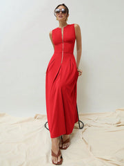Chic Sleeveless Solid Color Long Dress with Gold Zipper Waist Detail