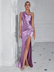 Sophisticated Glamour: Shoulder Pleated High Slit Cocktail Party Prom Dress