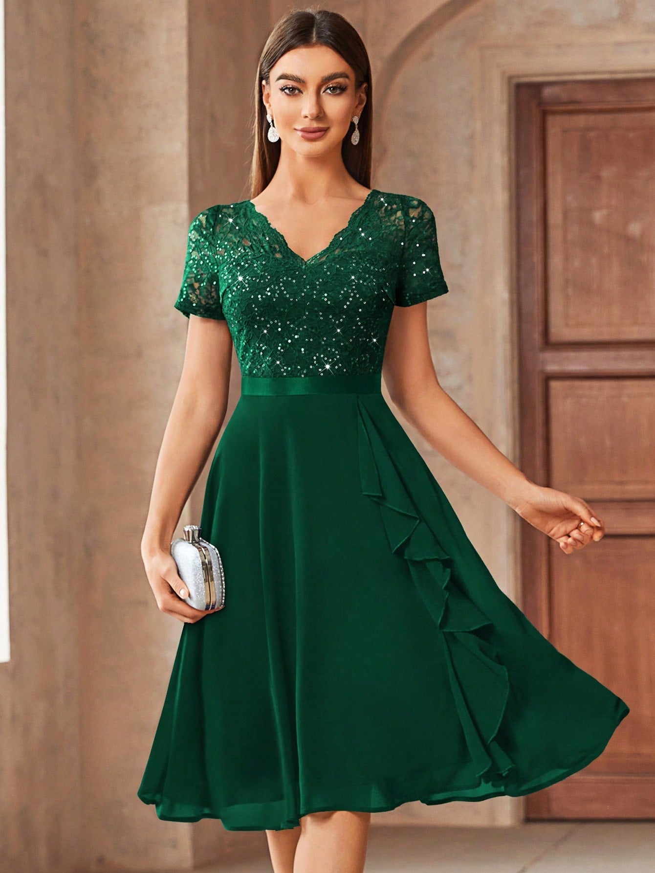 Glamorous Lace and Sequin Cocktail Party Dress with Ruffle Trim – Toadds