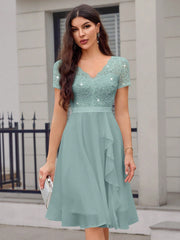 Glamorous Lace and Sequin Cocktail Party Dress with Ruffle Trim