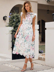 Floral Elegance: Stand Collar Lace Cap Sleeve Long Dress