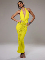 Midnight Muse: Ruched Maxi Dress with Extreme Plunge
