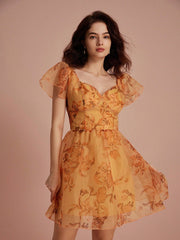 Random Flower Printed Sweetheart Neckline Elegant Women's Sleeveless Summer Dress