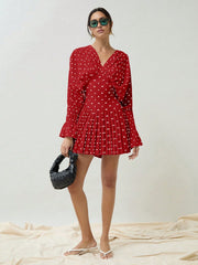 Chic and Timeless: Women's Polka Dot Pleated V-Neck Dress