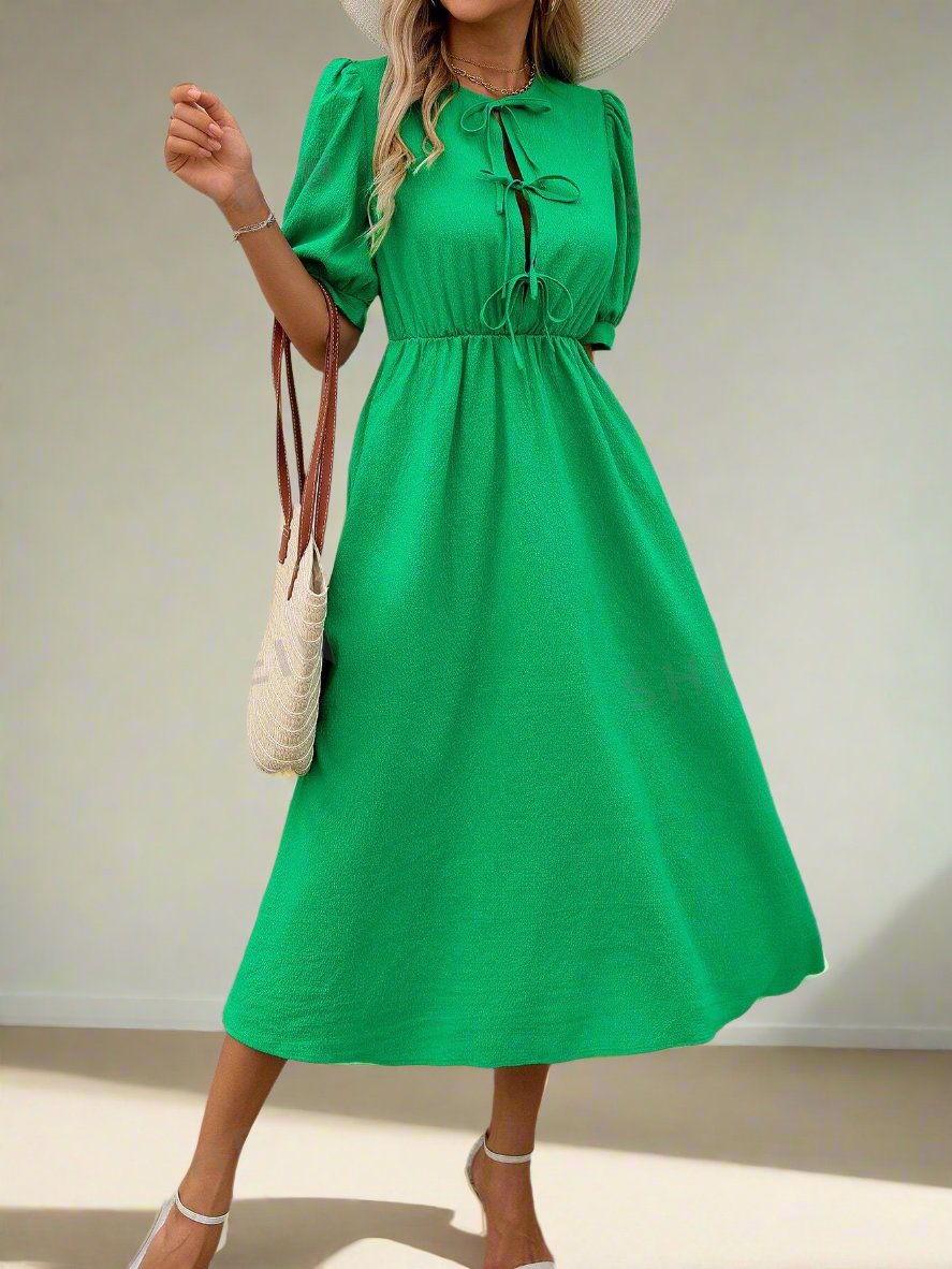 Green Bow-Tied Puff Sleeve Dress: Sweet & Stylish Casual Elegance for Women