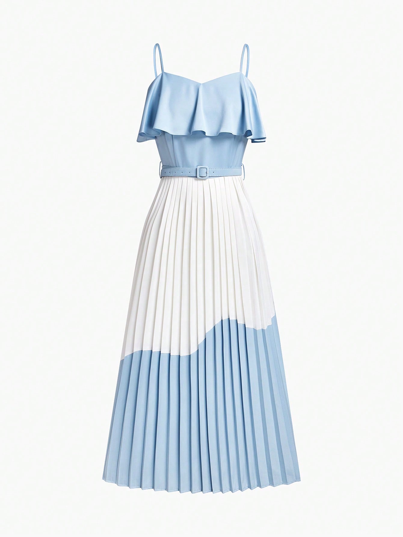 Chic and Elegant: Two-Tone Ruffle Trim Slip Dress with Buckle Belt
