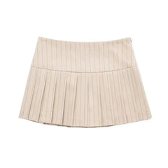 Beige Striped Low Waisted Pleated Mini Skirt