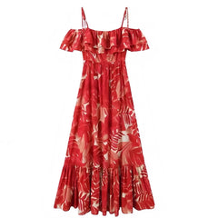 Hanalei Tropical Floral Print Ruffle Trim Off-Shoulder Tiered Maxi Dress