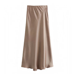 Light Brown Satin Low Rise Midi Skirt