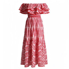 Marbella Red Eyelet Embroidered Layered Ruffle Smock Off Shoulder Maxi Dress