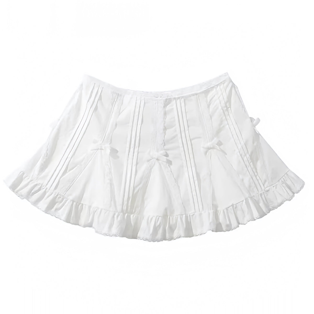 White Bow Lace Embroidered Mid-Low Rise Ruffle Trim Mini Skirt