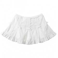 White Bow Lace Embroidered Mid-Low Rise Ruffle Trim Mini Skirt