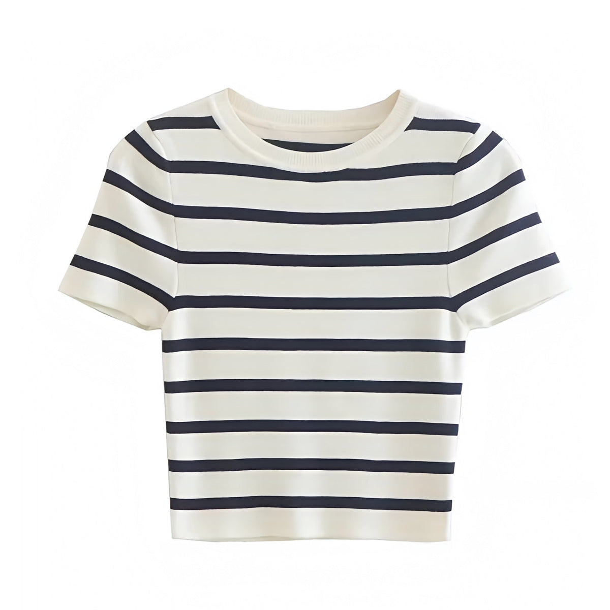 Ivory White & Black Striped Boat Neck Short Sleeve Crop T-Shirt