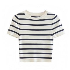 Ivory White & Black Striped Boat Neck Short Sleeve Crop T-Shirt