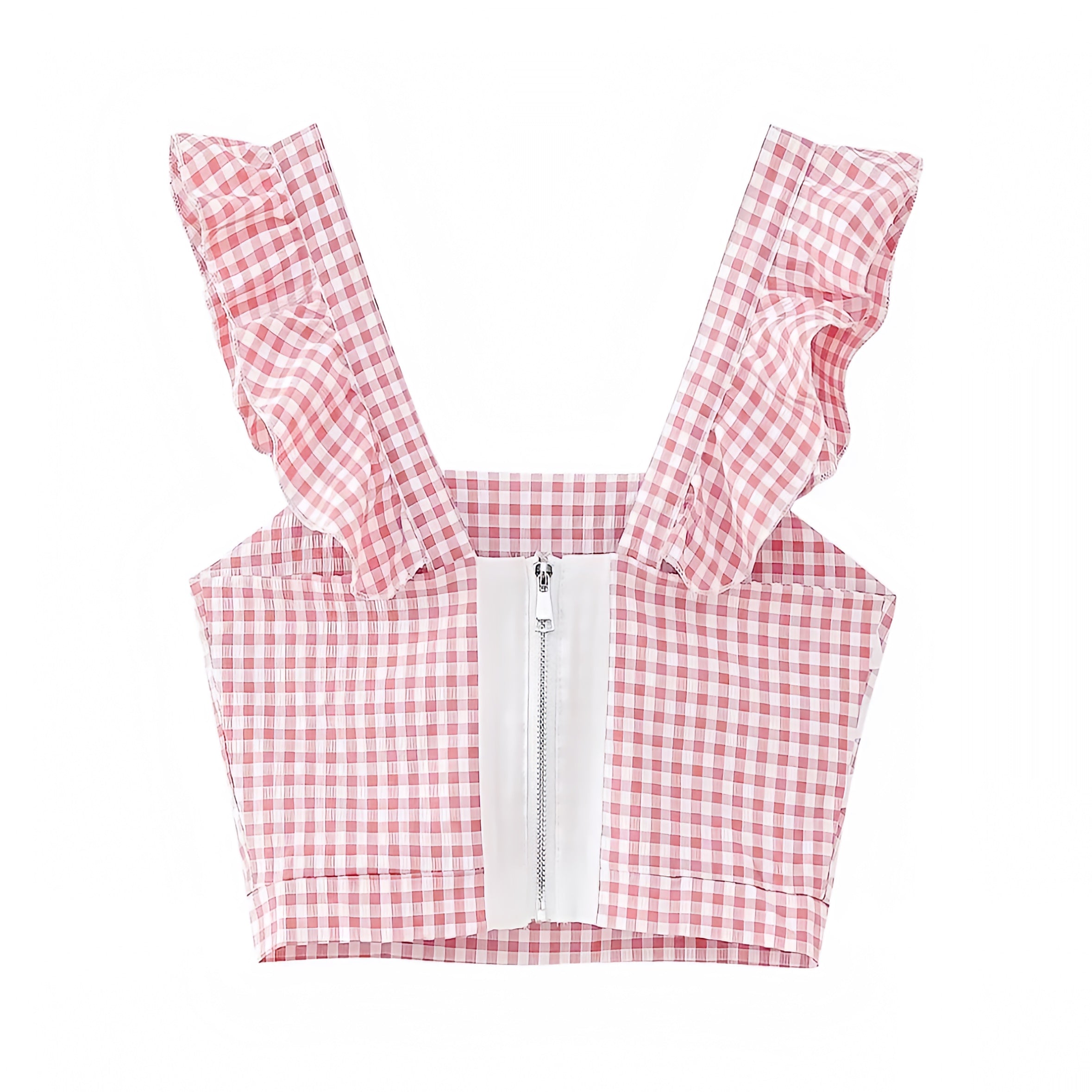 Light Pink & White Gingham Patterned Slim Fit Ruffle Sleeve Crop Tank Top