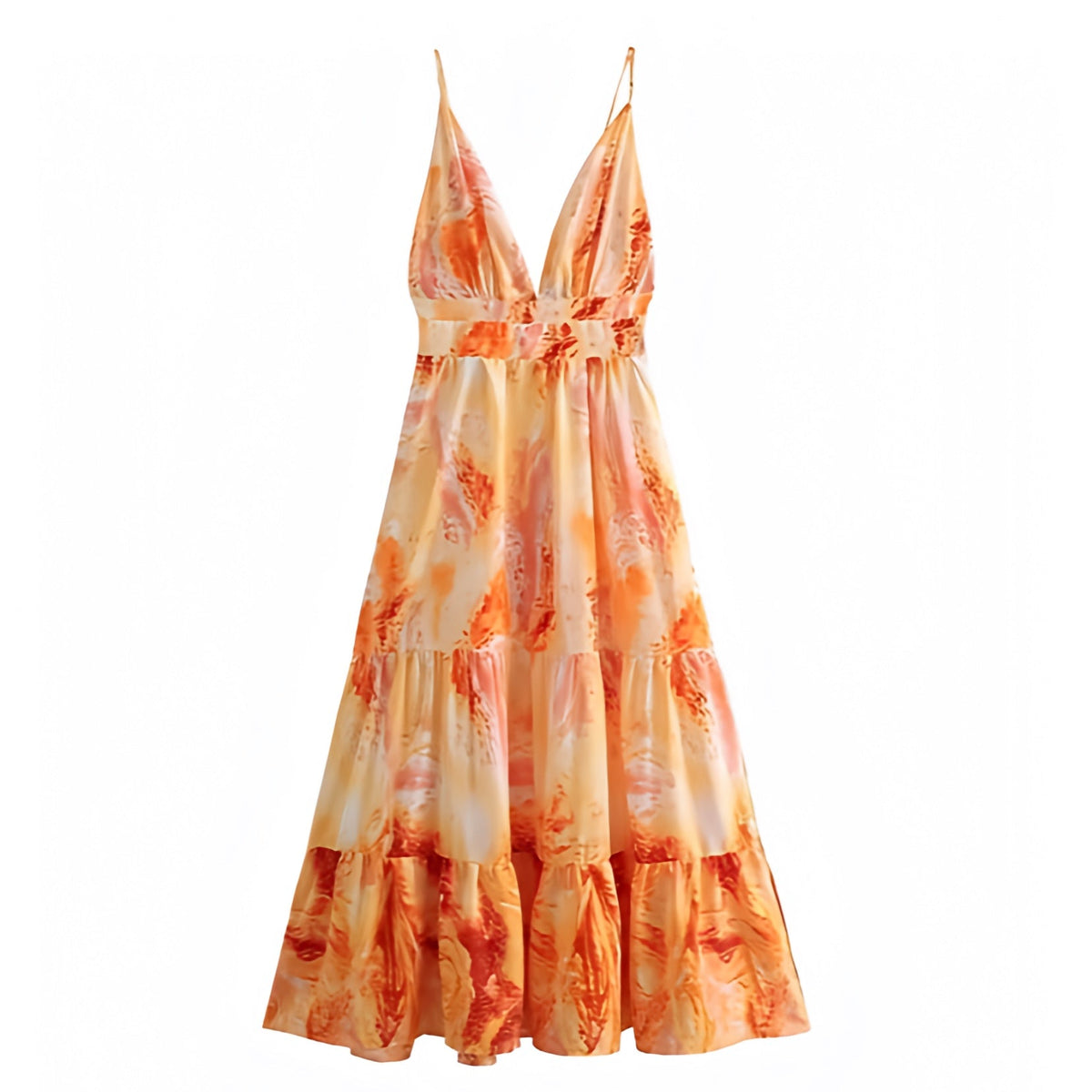 Kapolei Orange Multi-Color Patterned V-Neck Spaghetti Strap Tiered Maxi Dress