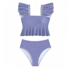 Navy Blue & White Striped Ruffle Trim Short Sleeve 2 Piece Bikini Set