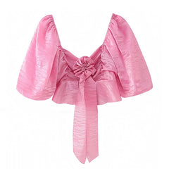 Isabella Hot Pink Slim Fit Ruffle Trim Puff Sleeve Crop Top Blouse