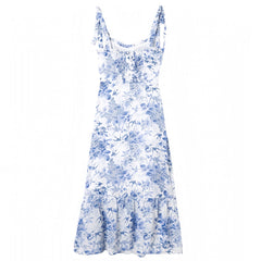 Light Blue Floral Print Bodycon Ruffle Trim Spaghetti Strap Maxi Dress