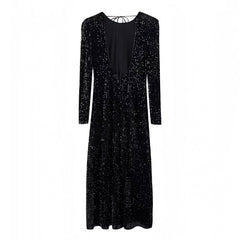 Midnight Black Glitter Long Sleeve Bodycon Maxi Dress