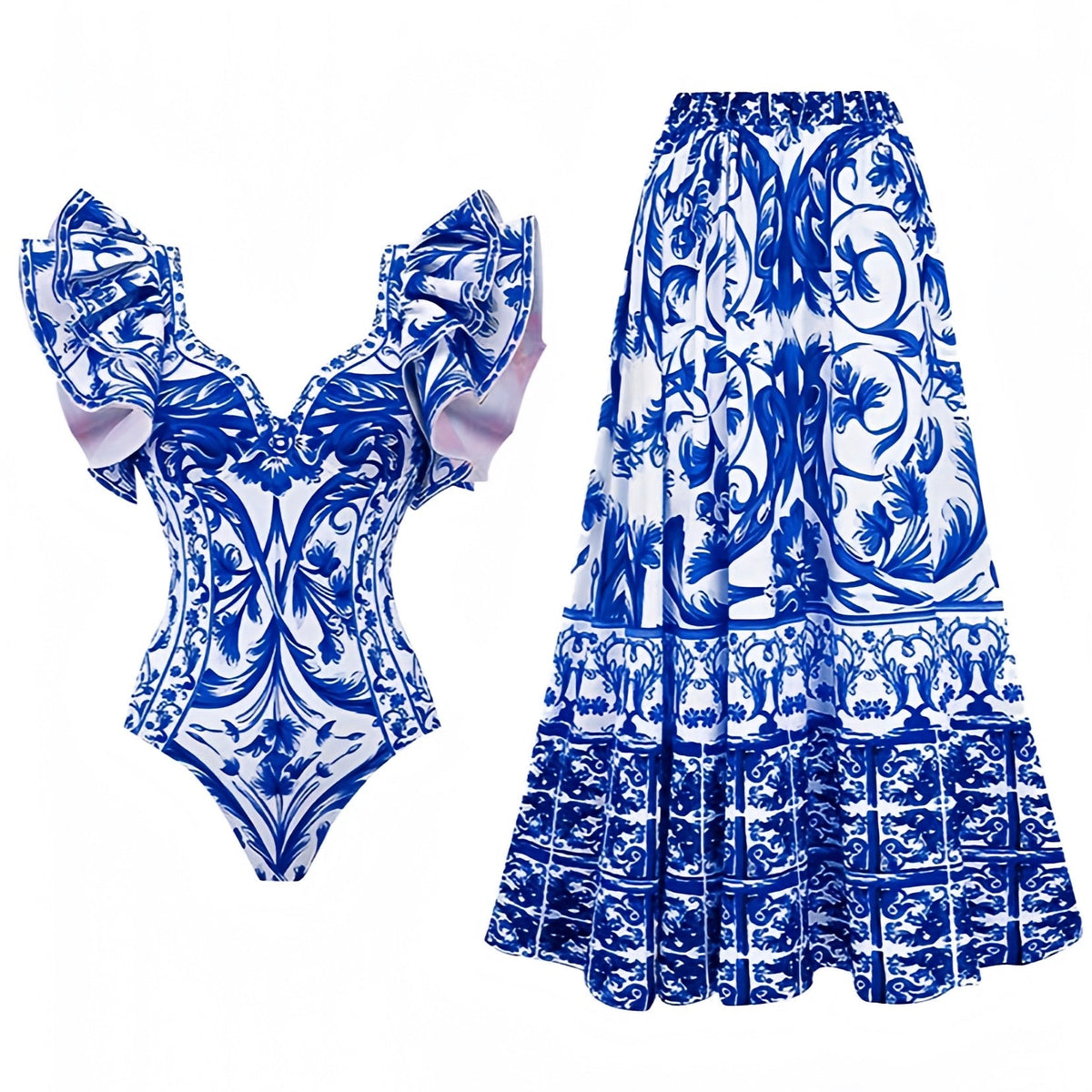 Paros Blue Floral Patterned Ruffle Trim Puff Sleeve One Piece Swimsuit & Cover Skirt