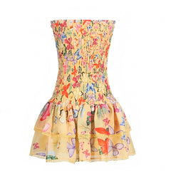 Yellow Multi-Color Butterfly Floral Layered Ruffle Smocked Halter Mini Dress