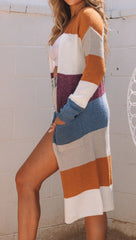 Colorblock Open Front Long Cardigan