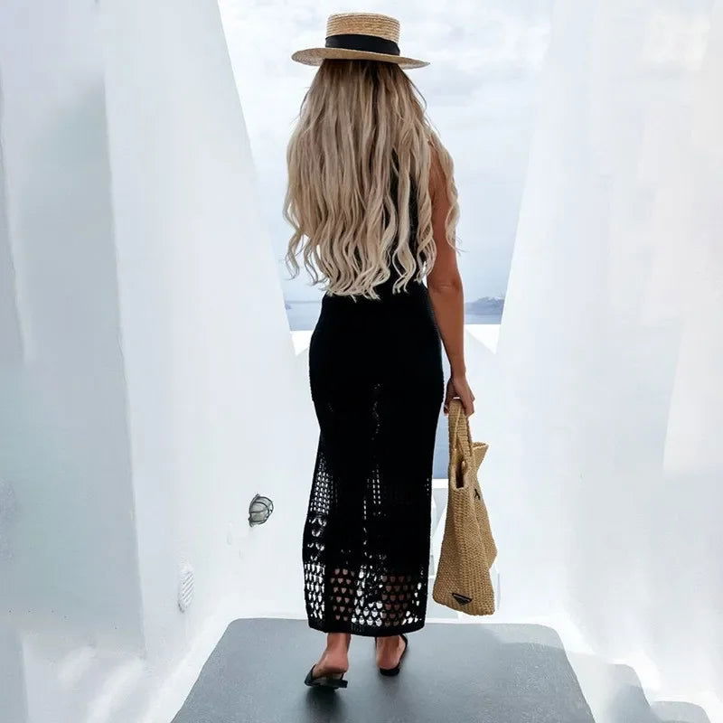 2-Piece Knit Swimsuit Cover with High Slit Skirt