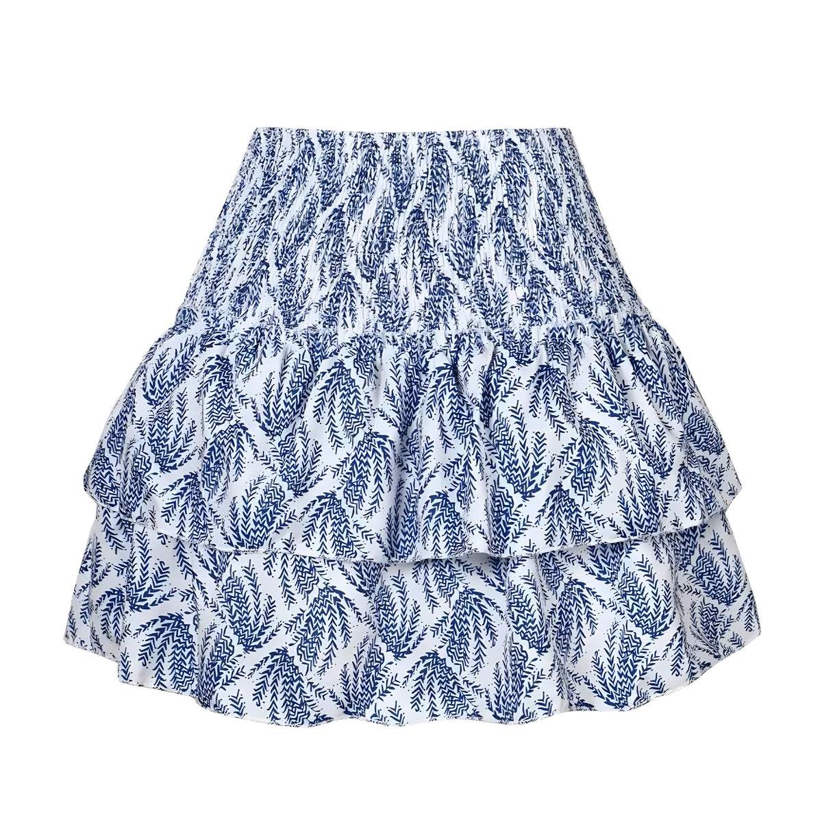 Blue & White Patterned Layered Ruffle Smocked Tiered Mini Skirt