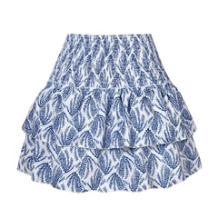 Blue & White Patterned Layered Ruffle Smocked Tiered Mini Skirt