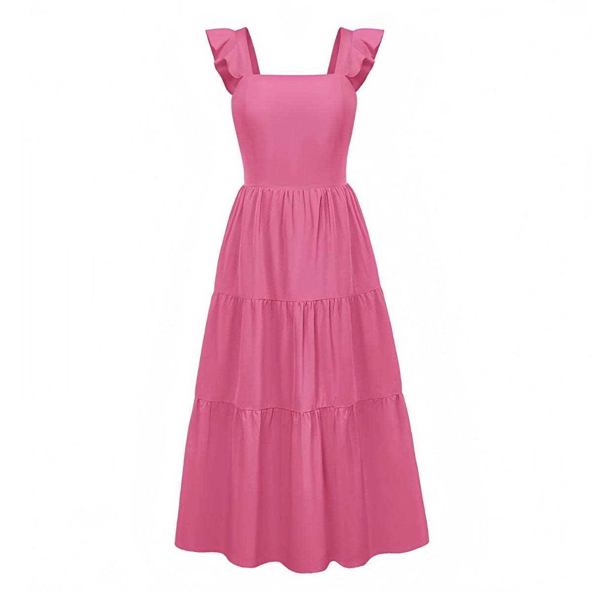 Hot Pink Ruffle Trim Short Sleeve Drop Waist Maxi Dress