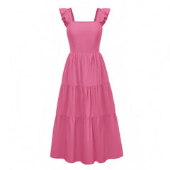Hot Pink Ruffle Trim Short Sleeve Drop Waist Maxi Dress