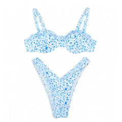 Light Blue Floral Print Ruffle Trim 2 Piece Bikini Set