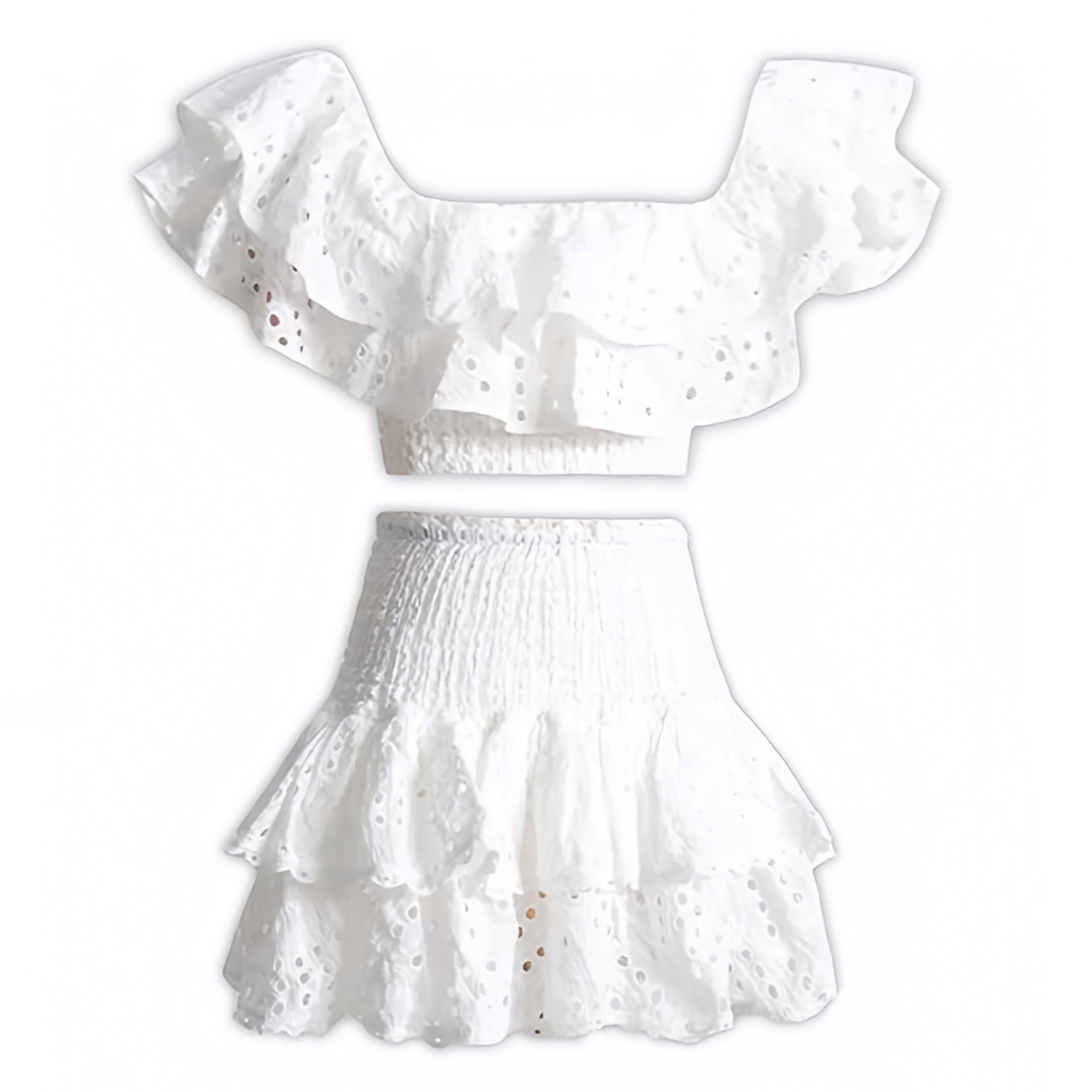 Athena White Eyelet Embroidered Layered Ruffle Smocked Off Shoulder Top & Mini Skirt Dress Set