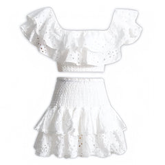 Athena White Eyelet Embroidered Layered Ruffle Smocked Off Shoulder Top & Mini Skirt Dress Set