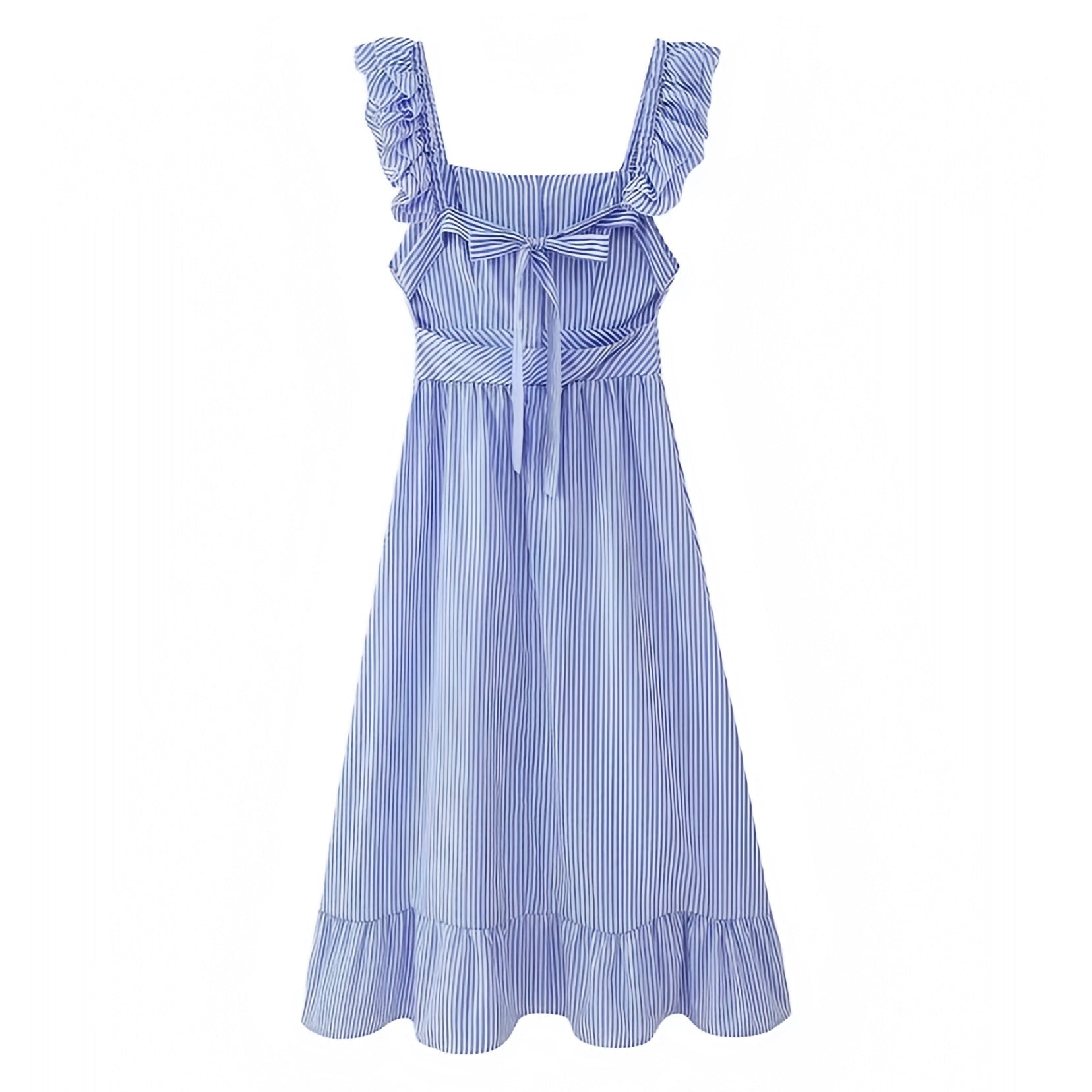 Blue Striped Seersucker Ruffle Trim Short Sleeve Backless Linen Maxi Dress