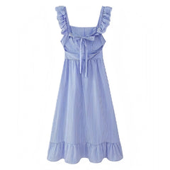 Blue Striped Seersucker Ruffle Trim Short Sleeve Backless Linen Maxi Dress