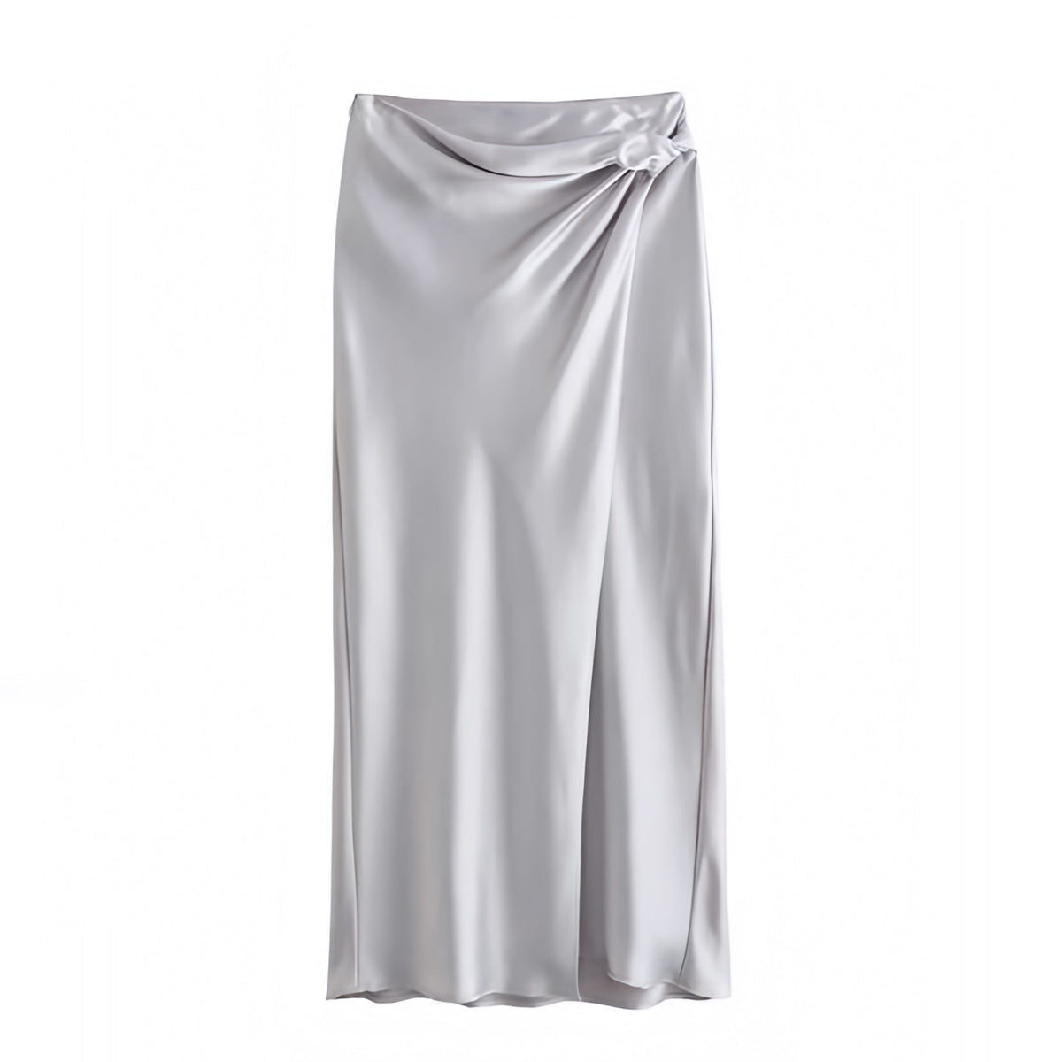 Silver Satin Metallic Ruched Draped Slit Low Rise Maxi Skirt