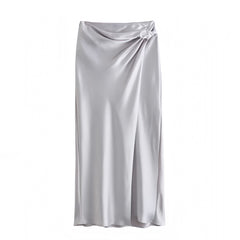 Silver Satin Metallic Ruched Draped Slit Low Rise Maxi Skirt