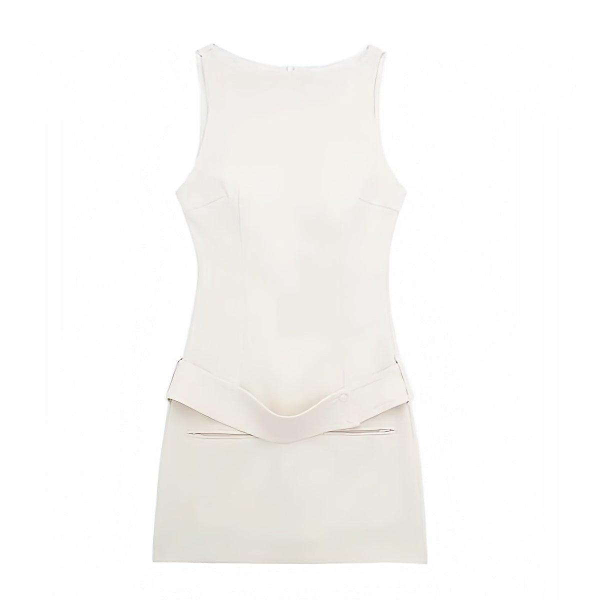 Giavona Light Beige Bodycon Solid Boatneck Sleeveless Mini Dress
