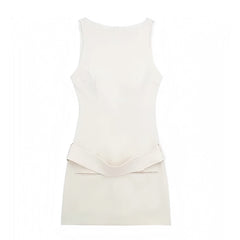 Giavona Light Beige Bodycon Solid Boatneck Sleeveless Mini Dress
