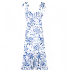 Light Blue Floral Print Bodycon Ruffle Trim Spaghetti Strap Maxi Dress