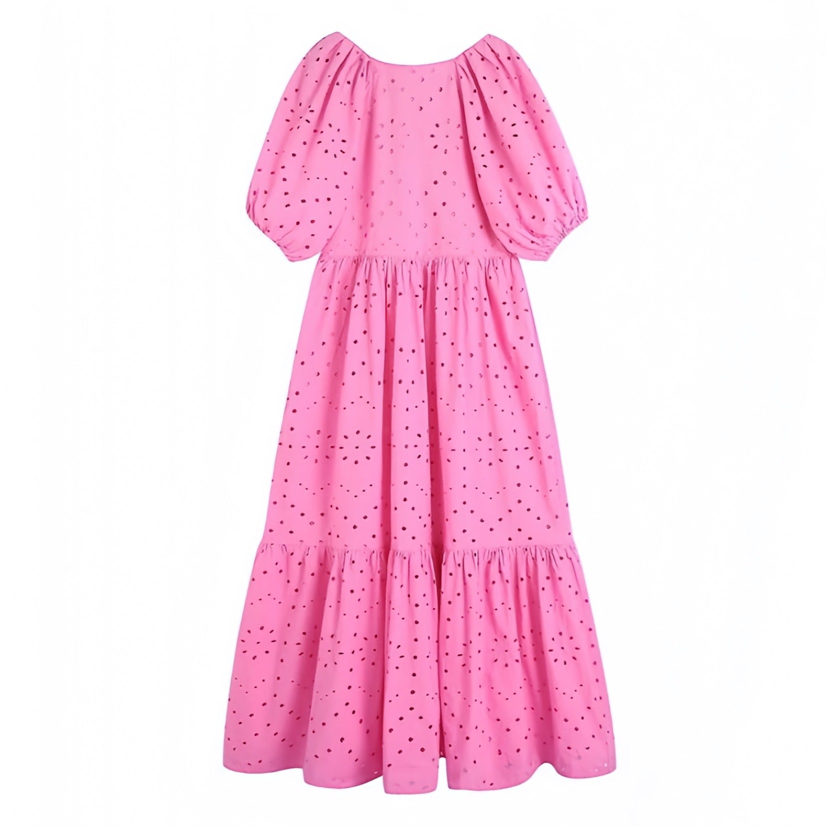 Hot Pink Eyelet Embroidered V-Neck Puff Sleeve Maxi Dress