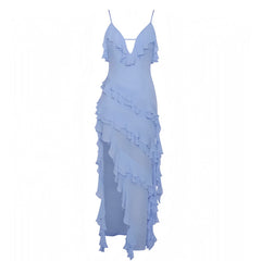 Light Blue Layered Ruffle Bodycon V-Neck Spaghetti Strap Maxi Dress