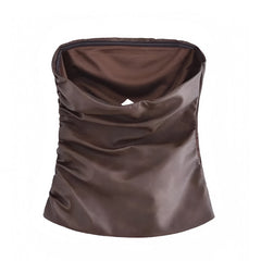 Dark Brown Faux Leather Slim Fit Ruched Strapless Tube Top