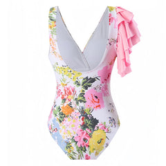 Light Pink Floral Print Ruffle Trim V-Neck Puff Sleeve One Piece Swimsuit