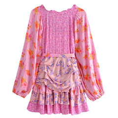 Hot Pink Multi-Color Floral Print Layered Ruffle Long Puff Sleeve Mini Dress