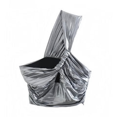 Silver Metallic Draped Cut-Out Asymmetric Sleeveless Crop Tank Top