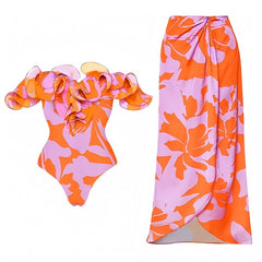 Fiji Tropical Floral Print Ruffle Trim Off Shoulder One Piece Swimsuit & Cover Skirt