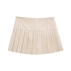 Beige Striped Low Waisted Pleated Mini Skirt